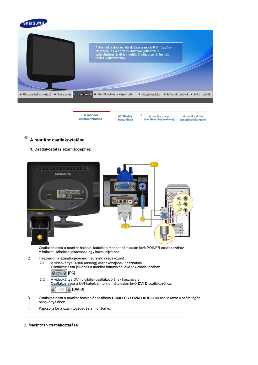 Samsung LS19PMASFY/EDC, LS20PMASF/EDC, LS19PMASF/EDC, LS19PMASF6/EDC, LS20PMASF6/EDC manual Monitor csatlakoztatása 