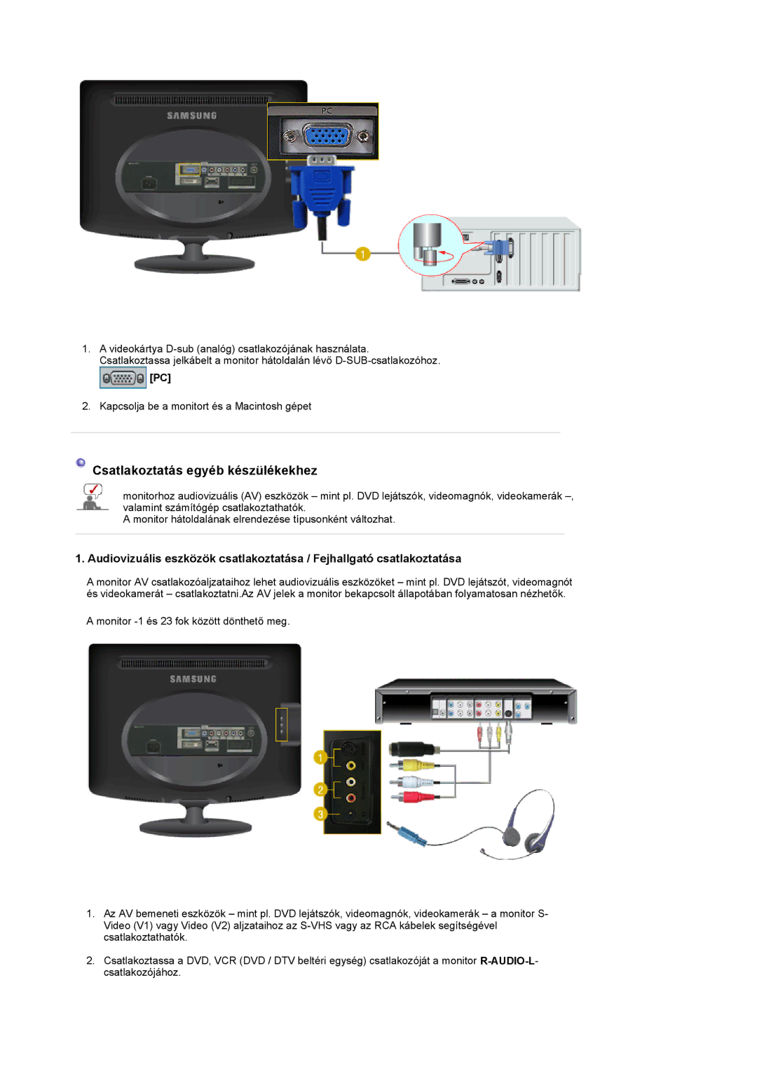 Samsung LS20PMASF/EDC, LS19PMASF/EDC, LS19PMASF6/EDC, LS20PMASF6/EDC, LS19PMASFY/EDC manual Csatlakoztatás egyéb készülékekhez 