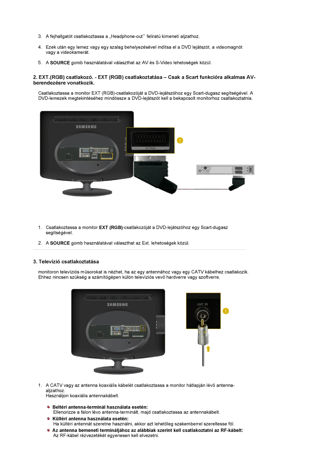 Samsung LS19PMASF/EDC, LS20PMASF/EDC manual Beltéri antenna-terminál használata esetén, Kültéri antenna használata esetén 