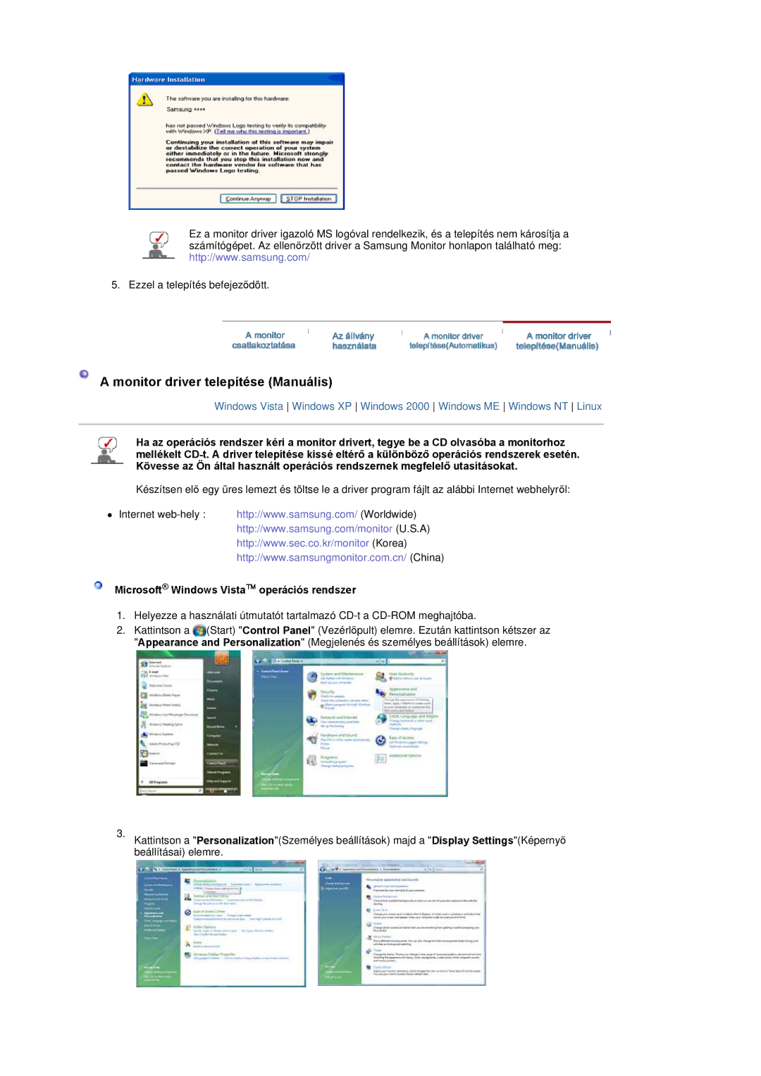 Samsung LS20PMASF/EDC, LS19PMASF/EDC manual Monitor driver telepítése Manuális, Microsoft Windows Vista operációs rendszer 