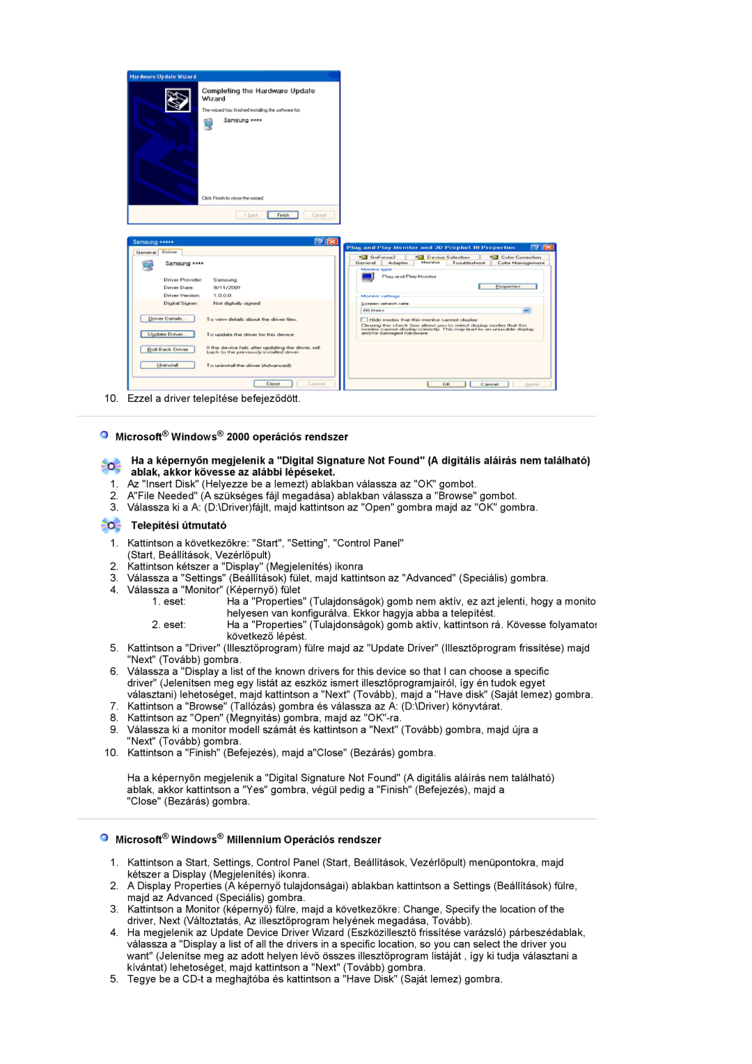 Samsung LS20PMASF/EDC, LS19PMASF/EDC, LS19PMASF6/EDC Telepítési útmutató, Microsoft Windows Millennium Operációs rendszer 