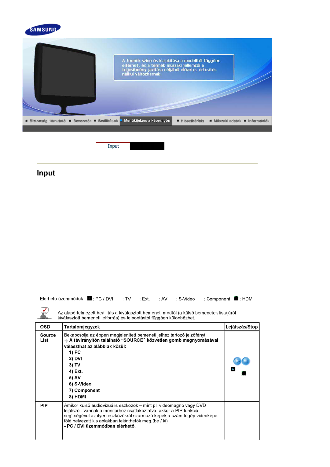 Samsung LS19PMASF6/EDC, LS20PMASF/EDC, LS19PMASF/EDC, LS20PMASF6/EDC manual Osd, Tartalomjegyzék, PC / DVI üzemmódban elérhető 