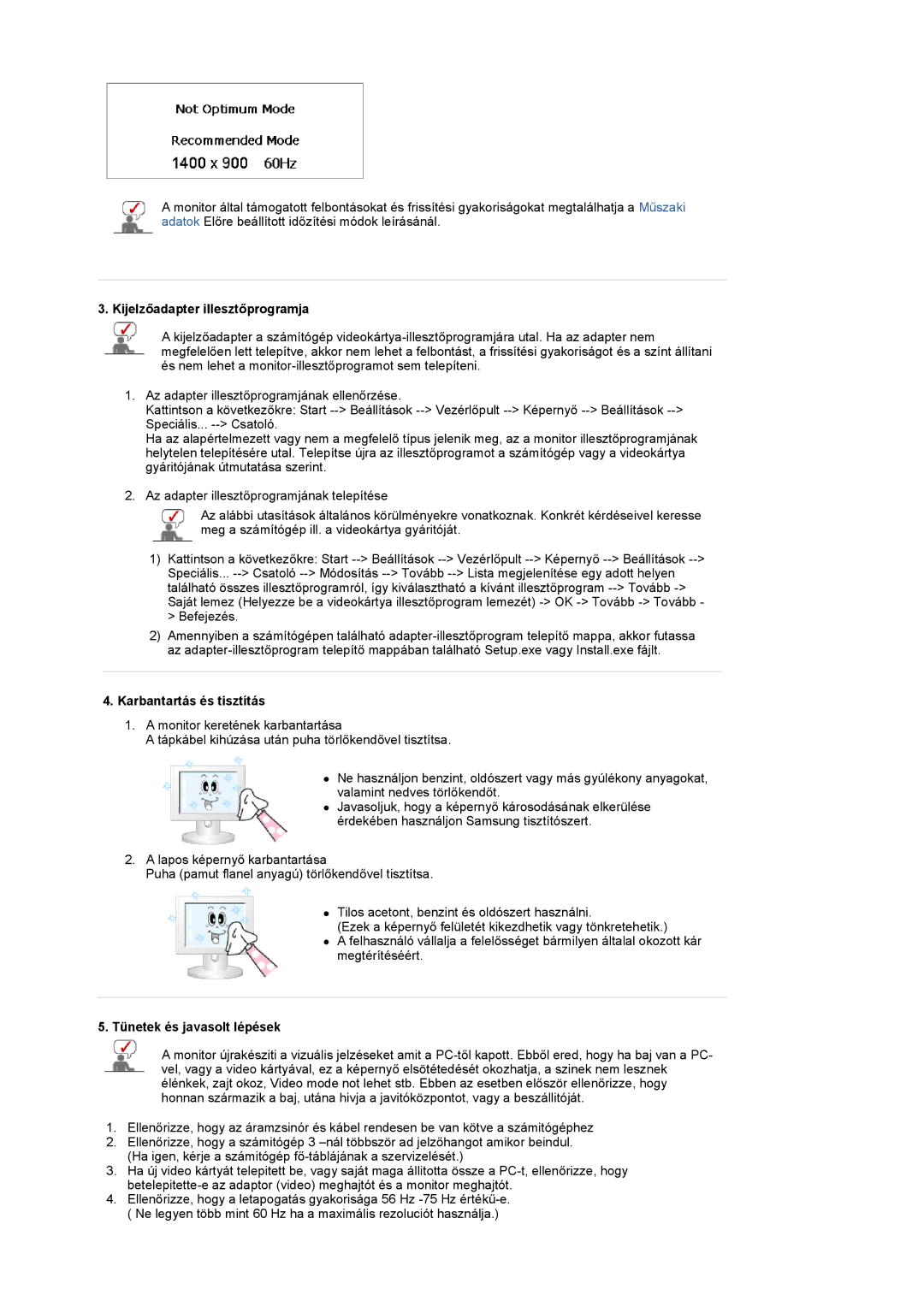 Samsung LS19PMASF/EDC manual Kijelzőadapter illesztőprogramja, Karbantartás és tisztítás, Tünetek és javasolt lépések 