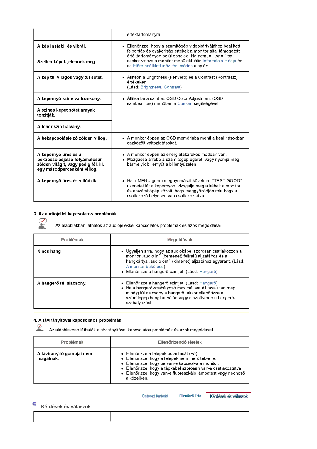 Samsung LS20PMASF6/EDC, LS20PMASF/EDC manual Kérdések és válaszok, Problémák Megoldások, Problémák Ellenőrizendő tételek 