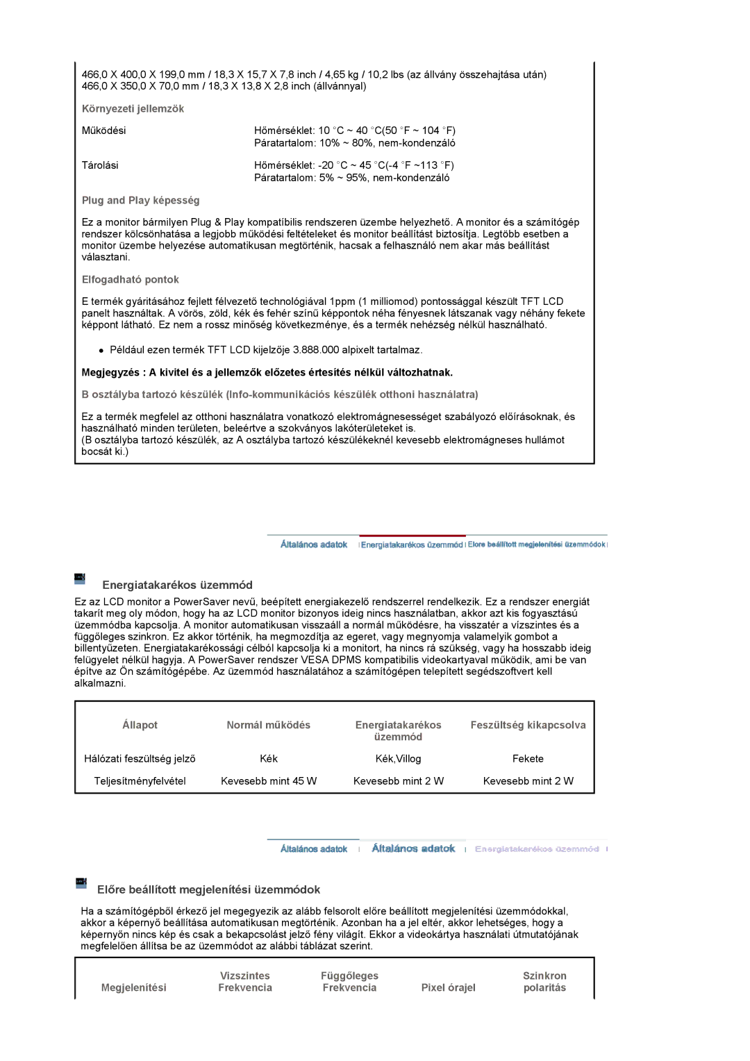 Samsung LS19PMASF/EDC, LS20PMASF/EDC, LS19PMASF6/EDC Energiatakarékos üzemmód, Előre beállított megjelenítési üzemmódok 