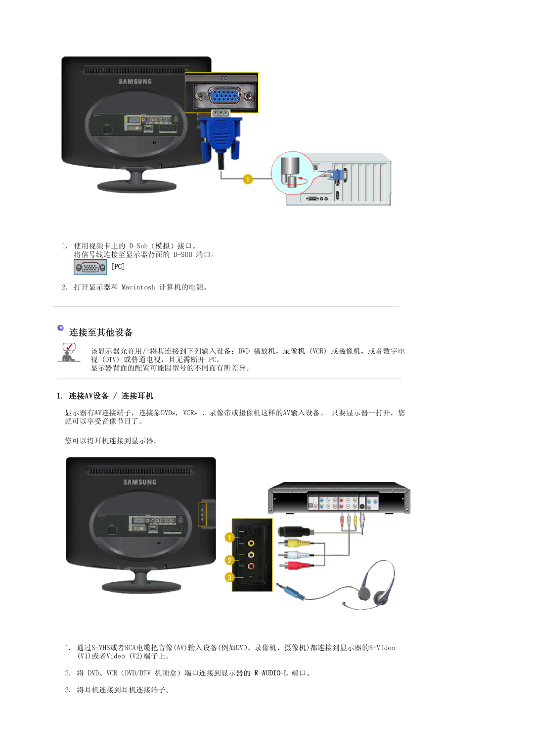 Samsung LS20PMASF/EDC, LS19PMASF/EDC, LS19PMASF6/EDC, LS20PMASF6/EDC, LS19PMASFY/EDC manual 连接至其他设备 