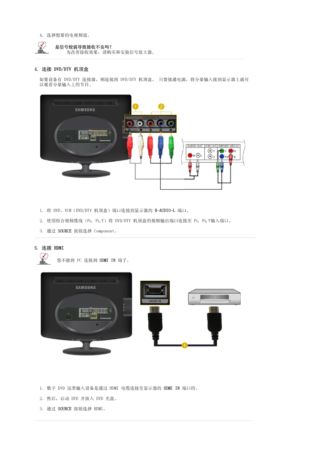 Samsung LS19PMASF6/EDC, LS20PMASF/EDC, LS19PMASF/EDC, LS20PMASF6/EDC, LS19PMASFY/EDC manual 连接 Dvd/Dtv 机顶盒, 是信号较弱导致接收不良吗？ 