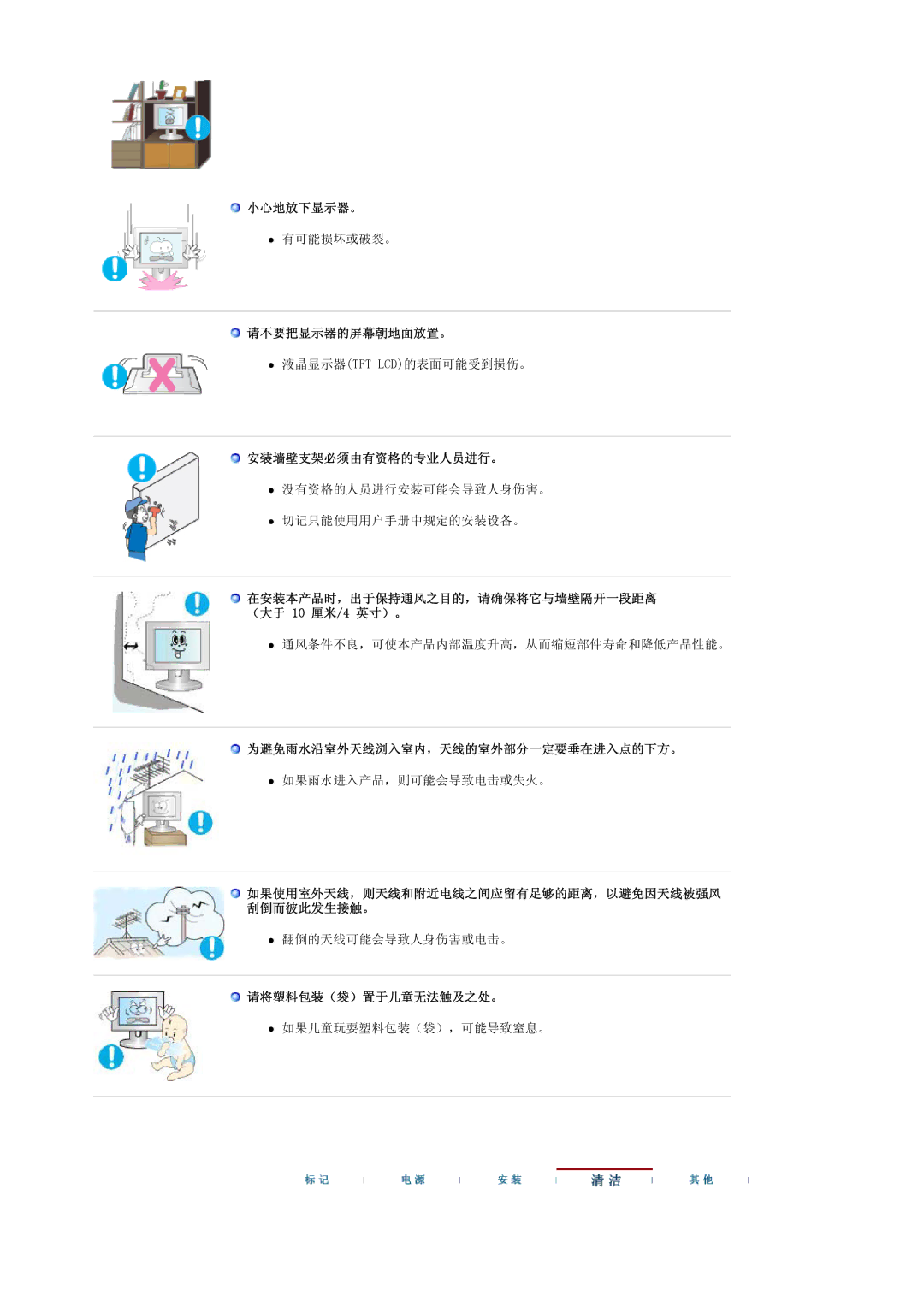 Samsung LS20PMASF/EDC, LS19PMASF/EDC 小心地放下显示器。, 请不要把显示器的屏幕朝地面放置。, 安装墙壁支架必须由有资格的专业人员进行。, 为避免雨水沿室外天线浏入室内，天线的室外部分一定要垂在进入点的下方。 