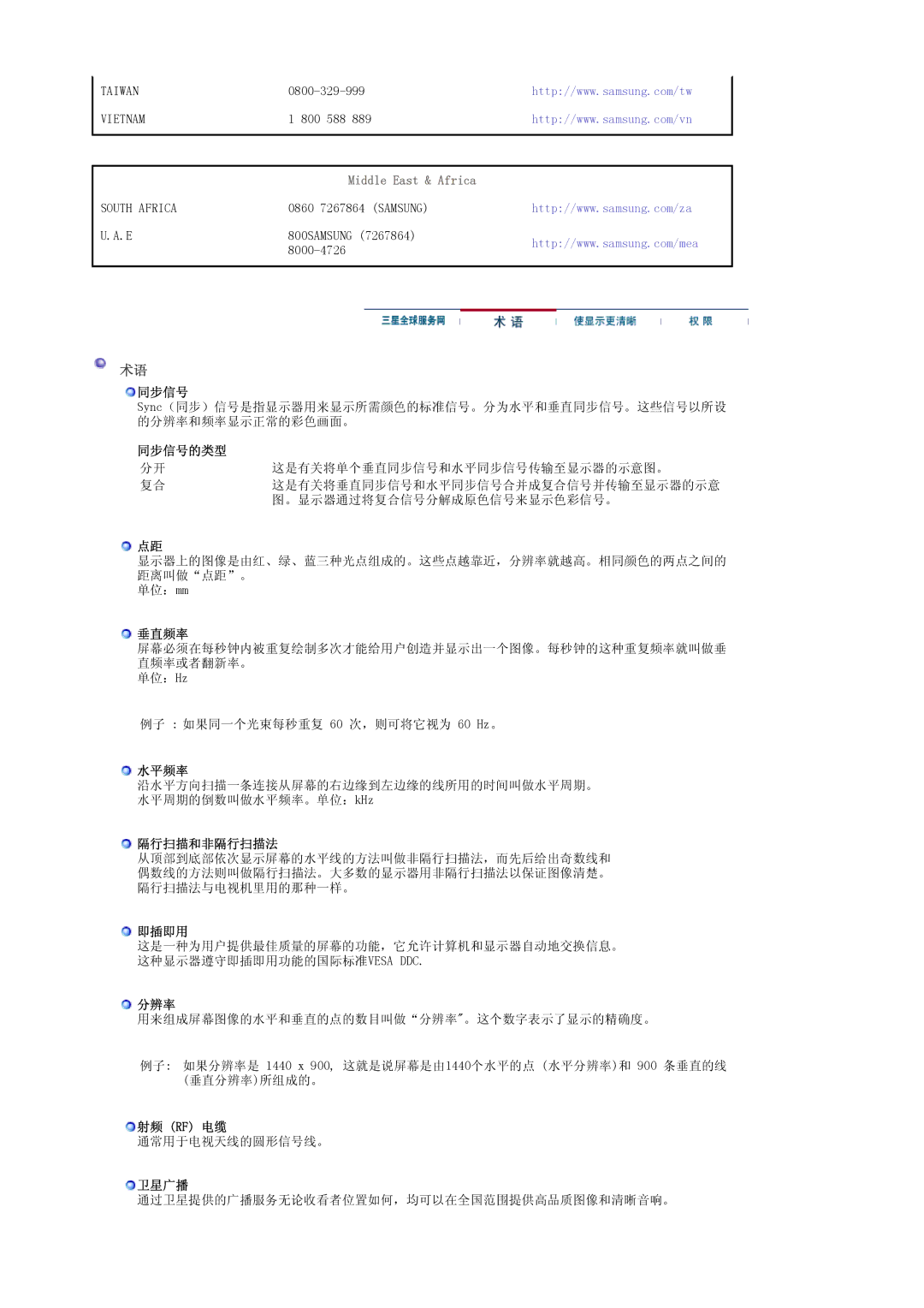 Samsung LS19PMASF6/EDC, LS20PMASF/EDC, LS19PMASF/EDC, LS20PMASF6/EDC manual 垂直频率, 水平频率, 隔行扫描和非隔行扫描法, 即插即用, 分辨率, 射频 Rf 电缆, 卫星广播 