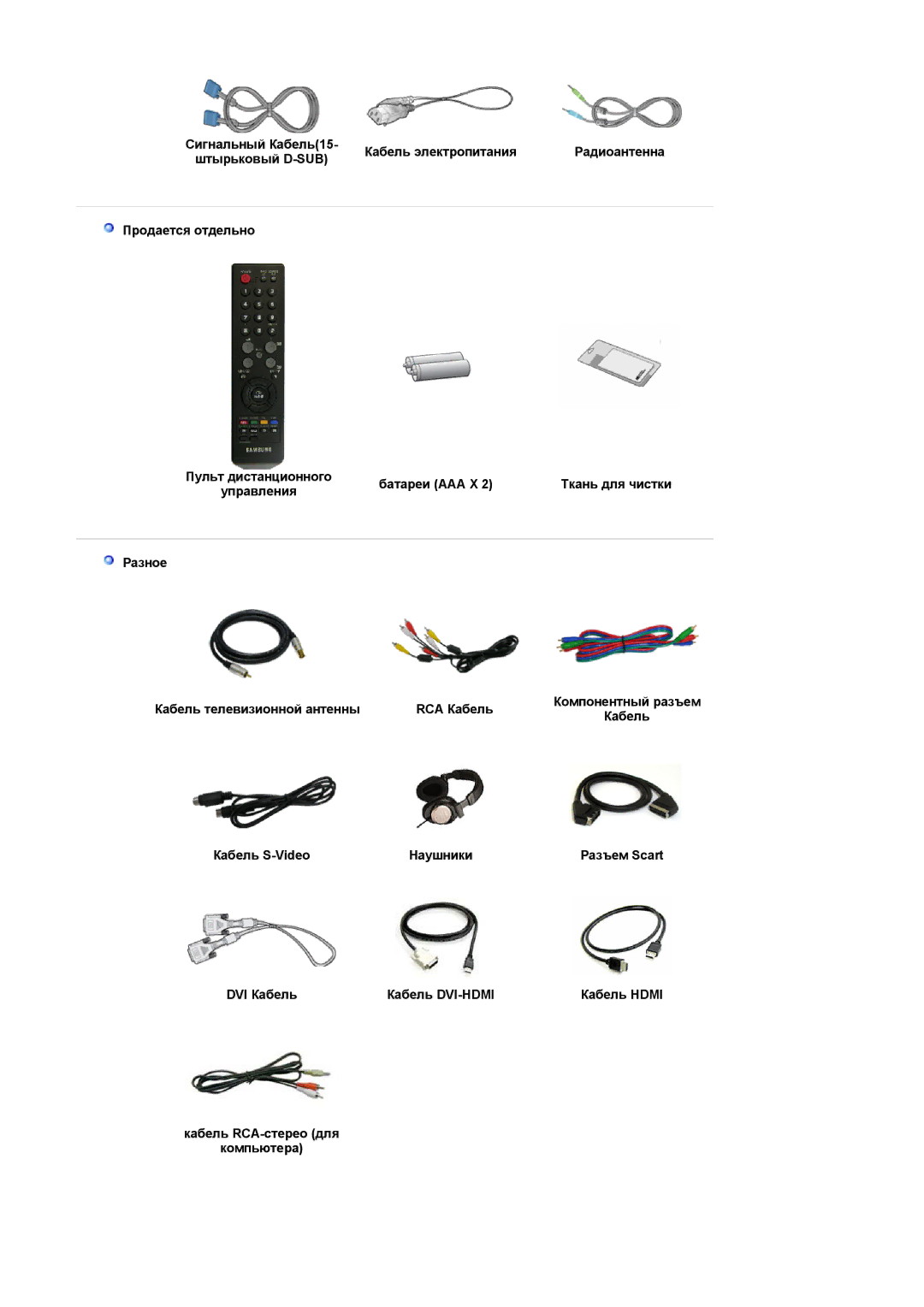 Samsung LS20PMASF/EDC manual Кабель электропитания, Штырьковый D-SUB, Продается отдельно, Батареи AAA X Ткань для чистки 