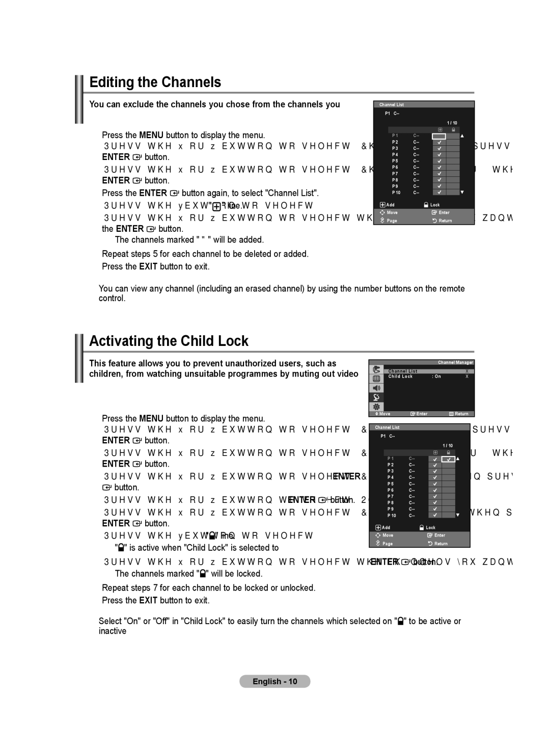 Samsung LS20PMASF/EDC, LS19PMASF/EDC, LS19PMASFT/EDC, LS20PMASFT/EDC manual Editing the Channels, Activating the Child Lock 