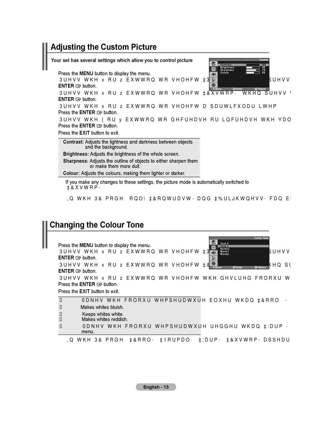 Samsung LS20PMASFT/EDC, LS20PMASF/EDC, LS19PMASF/EDC, LS19PMASFT/EDC Adjusting the Custom Picture, Changing the Colour Tone 