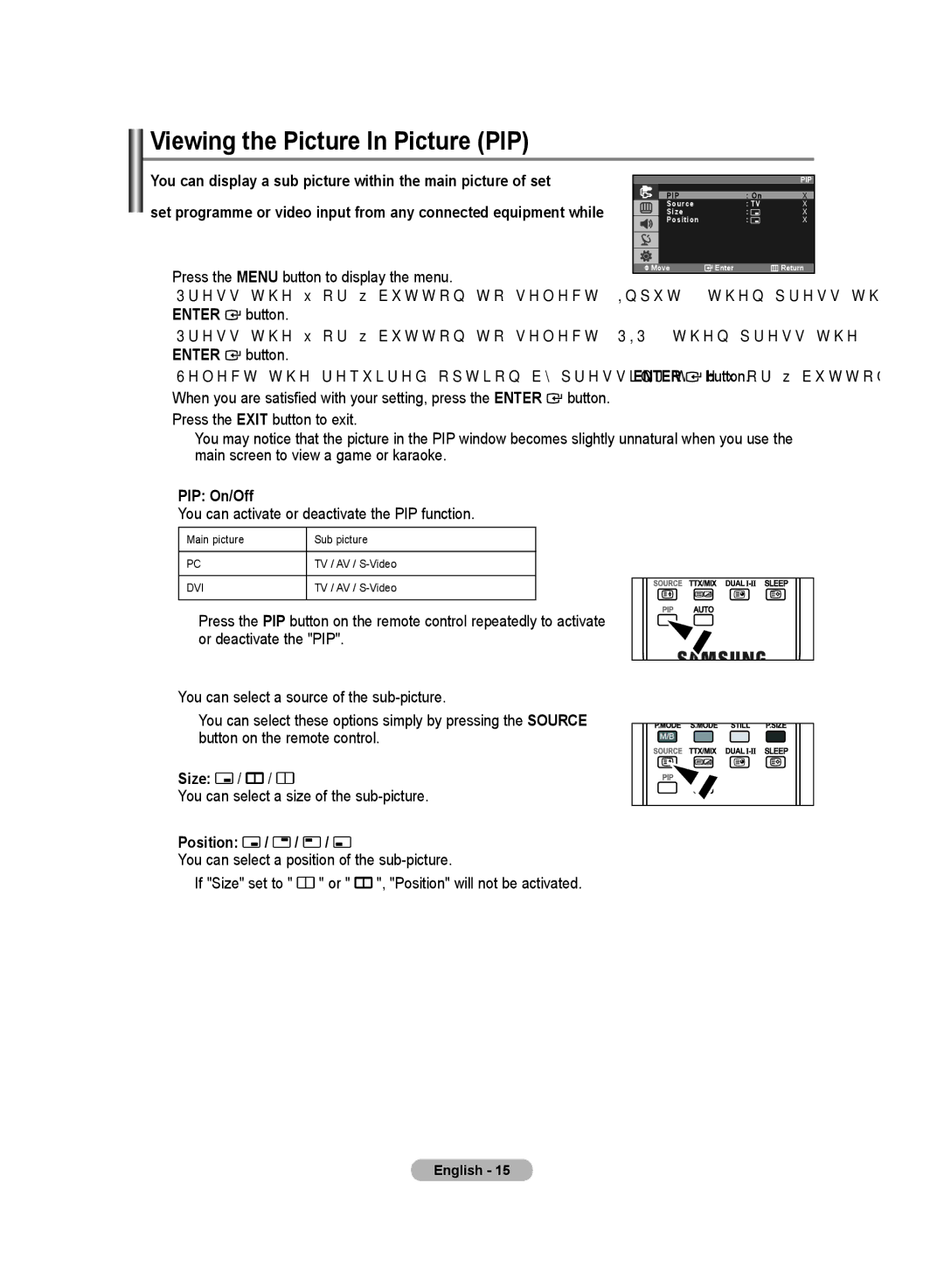 Samsung LS19PMASF/EDC, LS20PMASF/EDC, LS19PMASFT/EDC, LS20PMASFT/EDC PIP On/Off, Source TV/Ext.1/Ext.2/AV, Size, Position 