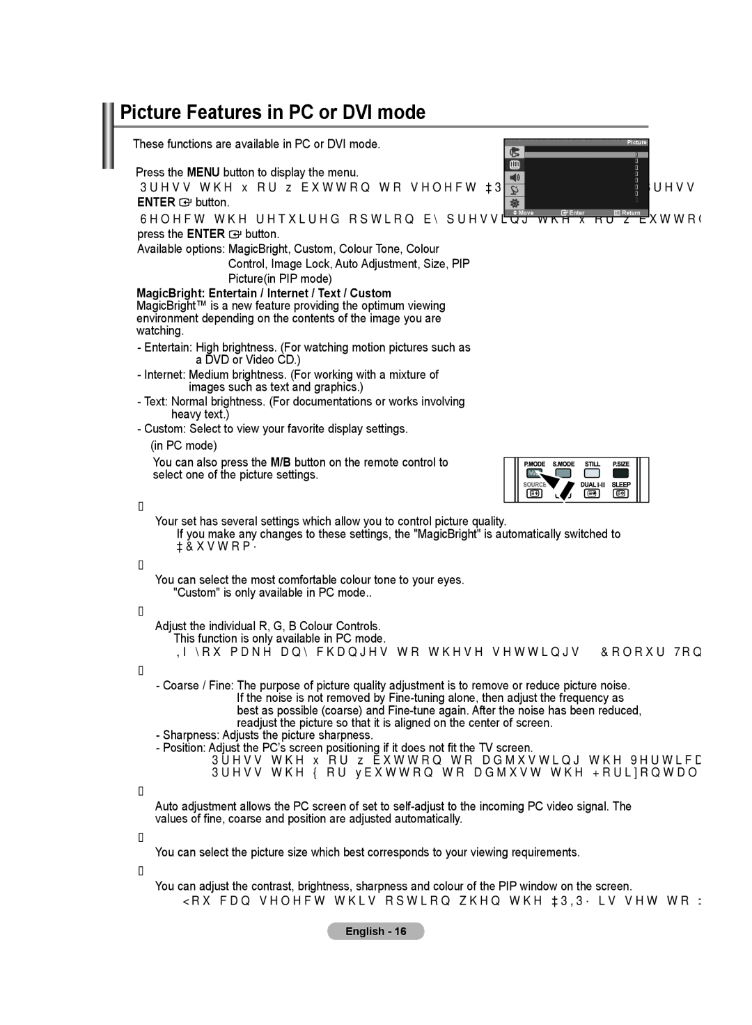 Samsung LS19PMASFT/EDC, LS20PMASF/EDC, LS19PMASF/EDC, LS20PMASFT/EDC manual Picture Features in PC or DVI mode 