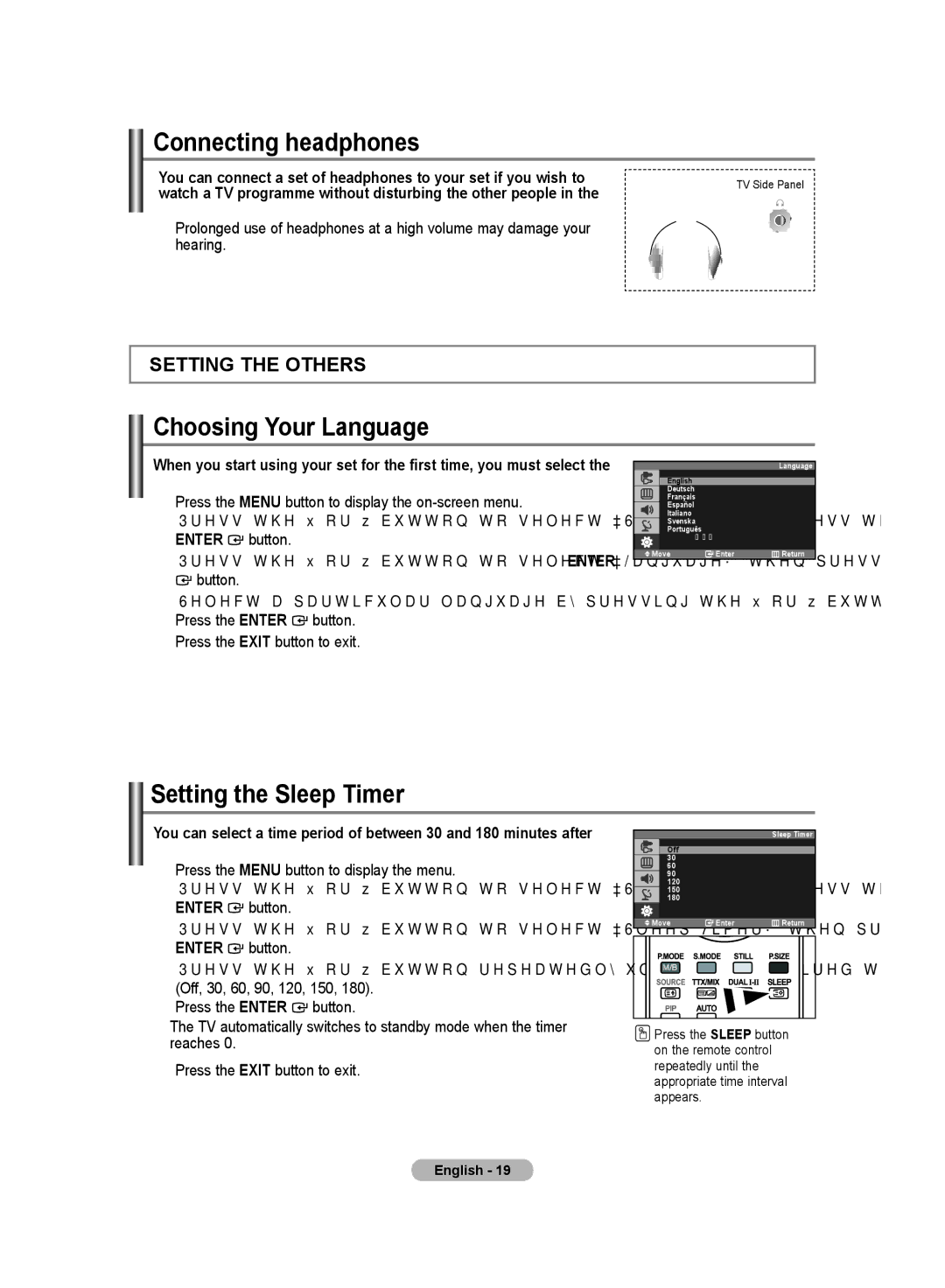 Samsung LS19PMASF/EDC, LS20PMASF/EDC, LS19PMASFT/EDC Connecting headphones, Choosing Your Language, Setting the Sleep Timer 