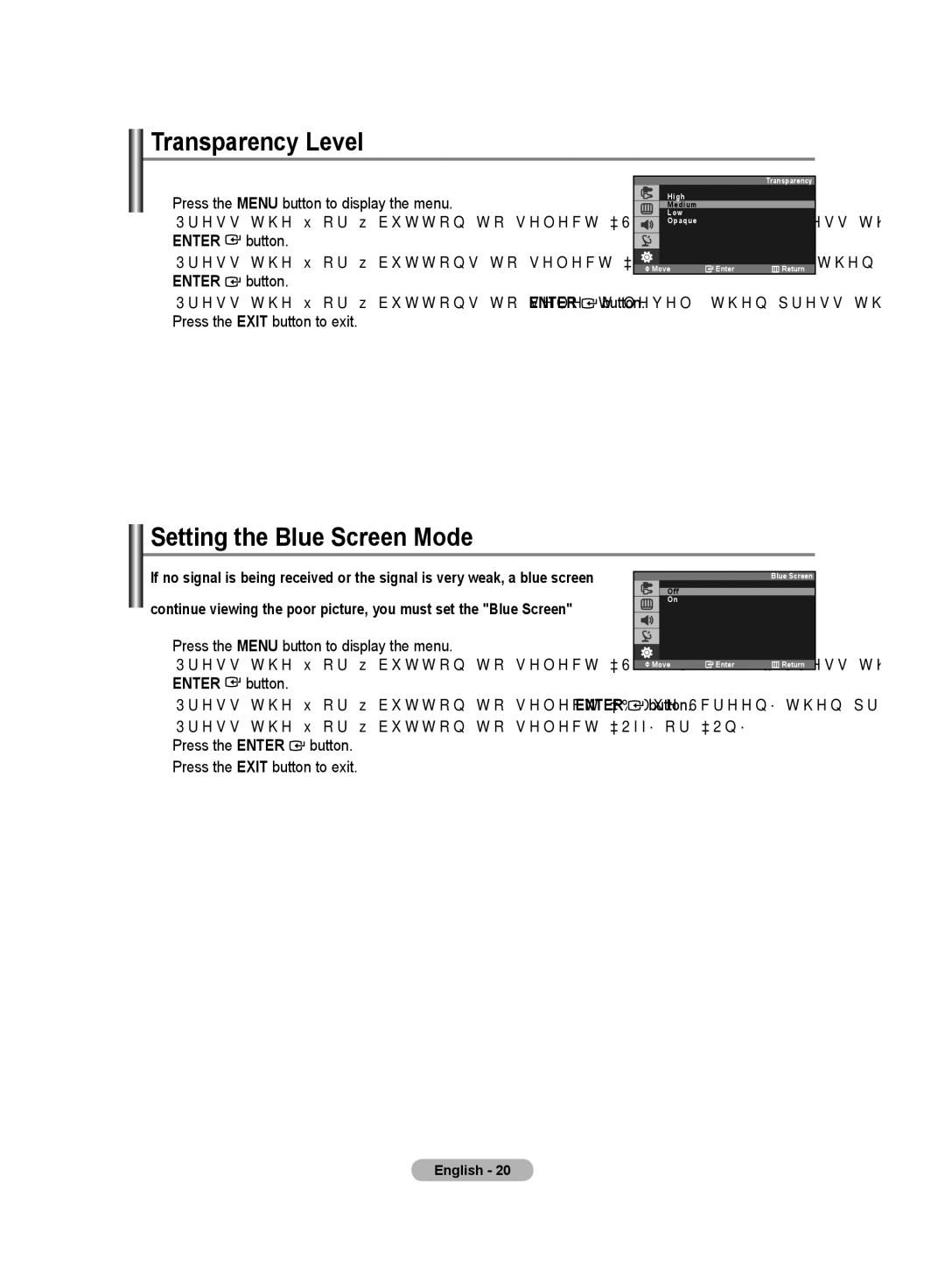 Samsung LS19PMASFT/EDC, LS20PMASF/EDC, LS19PMASF/EDC, LS20PMASFT/EDC manual Transparency Level, Setting the Blue Screen Mode 