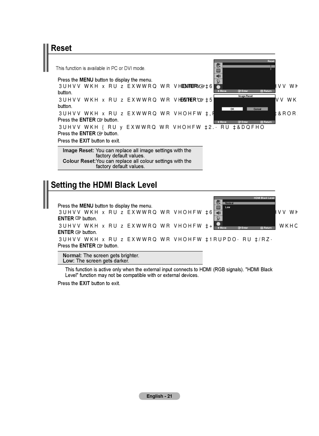 Samsung LS20PMASFT/EDC, LS20PMASF/EDC, LS19PMASF/EDC, LS19PMASFT/EDC manual Reset, Setting the Hdmi Black Level 