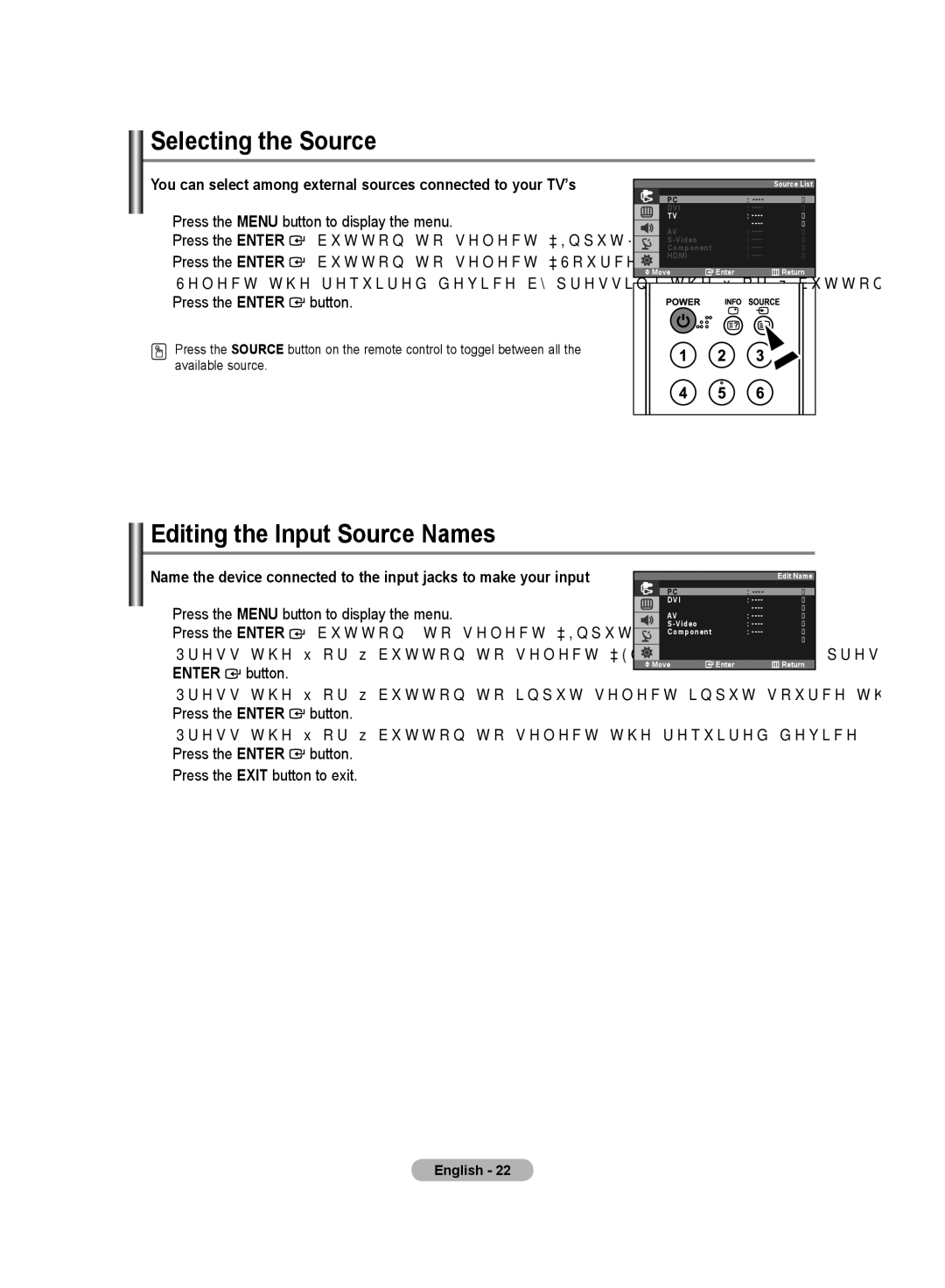 Samsung LS20PMASF/EDC, LS19PMASF/EDC, LS19PMASFT/EDC, LS20PMASFT/EDC Selecting the Source, Editing the Input Source Names 