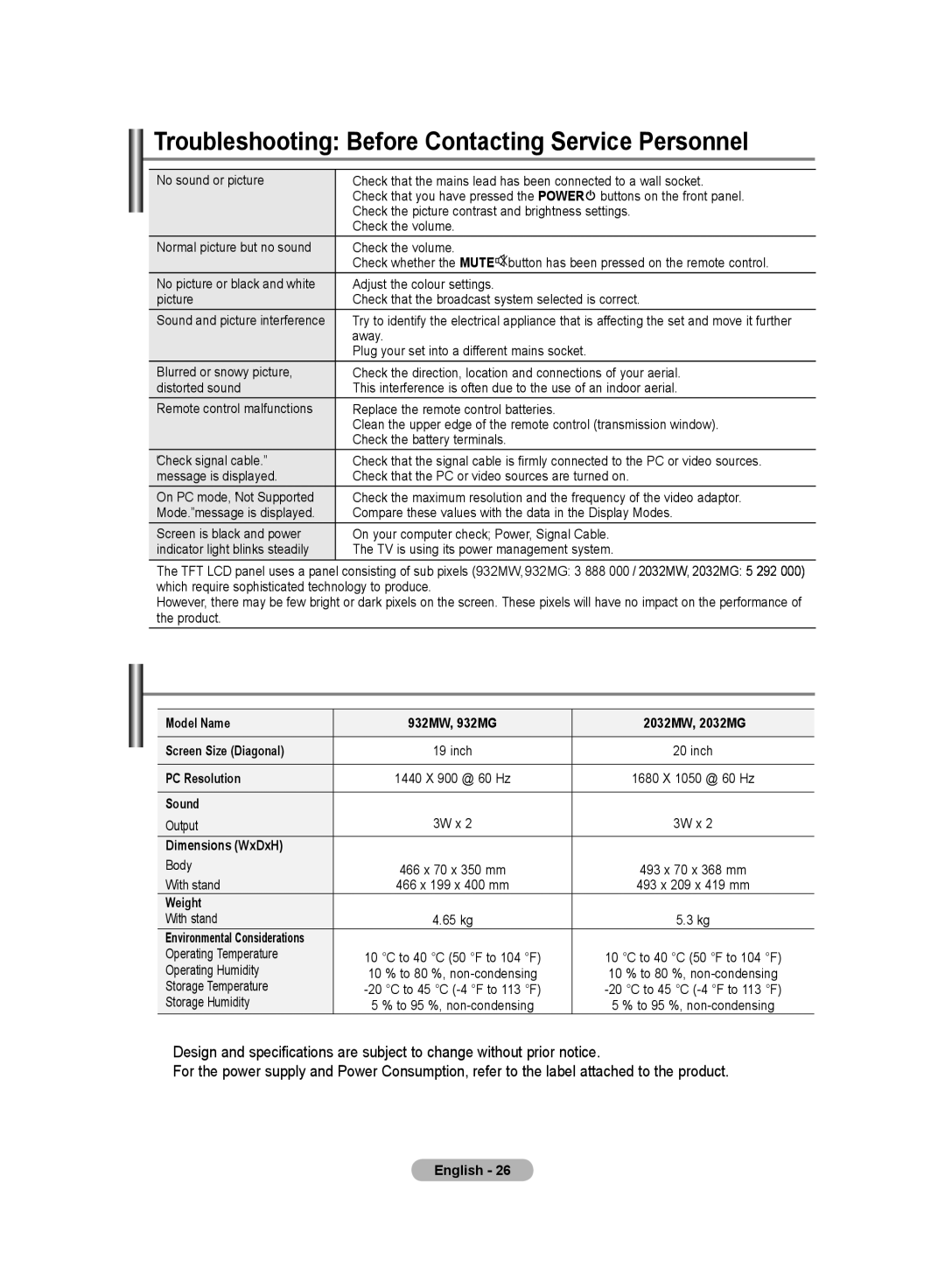 Samsung LS20PMASF/EDC Troubleshooting Before Contacting Service Personnel, Technical and Environmental Specifications 