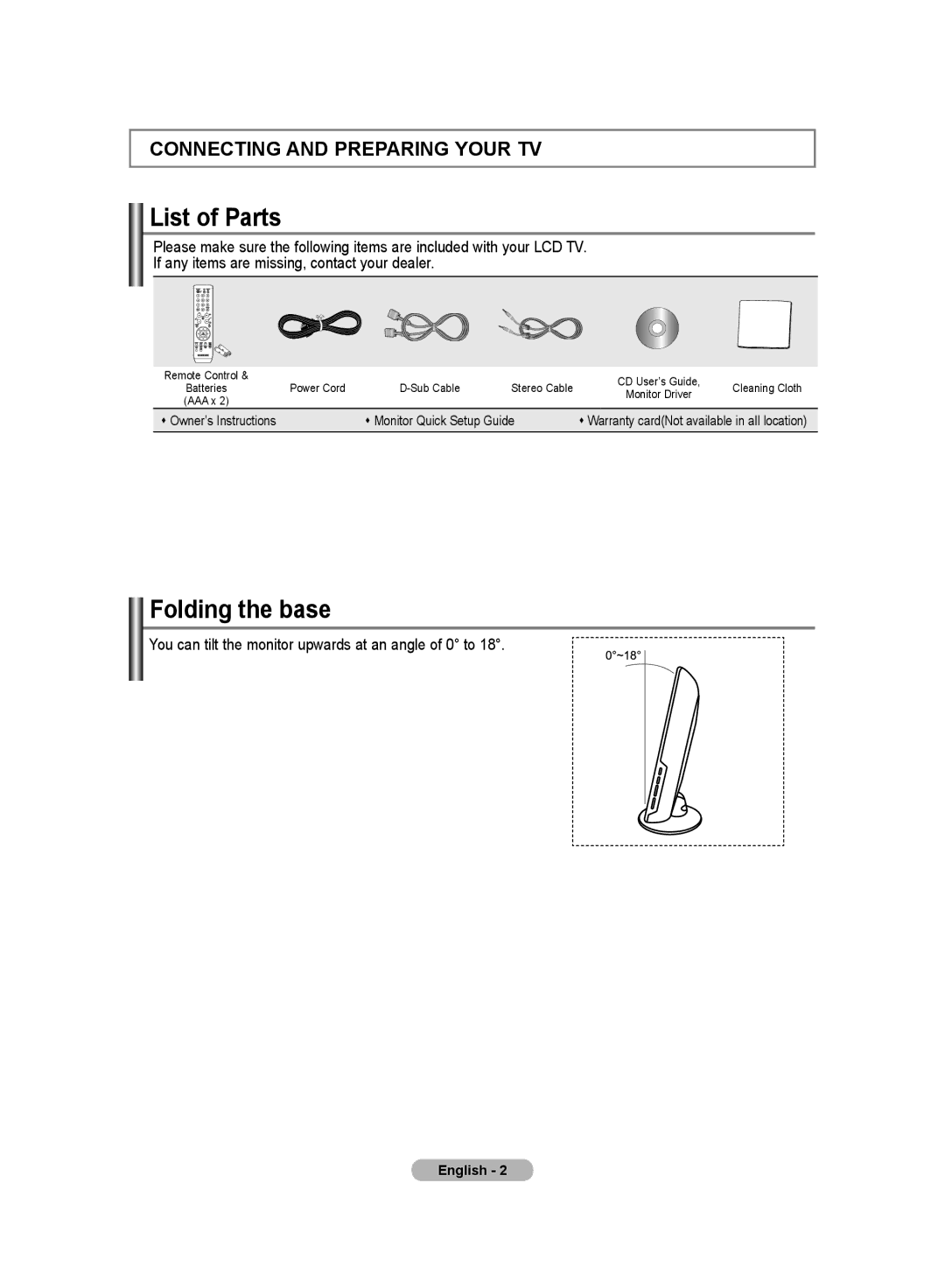 Samsung LS20PMASF/EDC, LS19PMASF/EDC List of Parts, Folding the base, You can tilt the monitor upwards at an angle of 0 to 