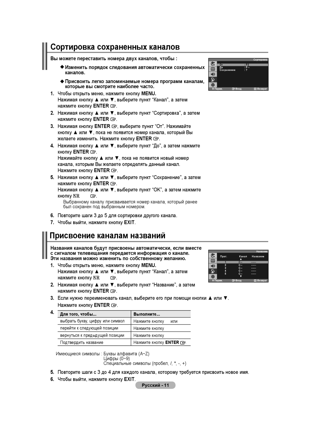 Samsung LS19PMASF/EDC manual Сортировка сохраненных каналов, Присвоение каналам названий, Для того, чтобы Выполните 