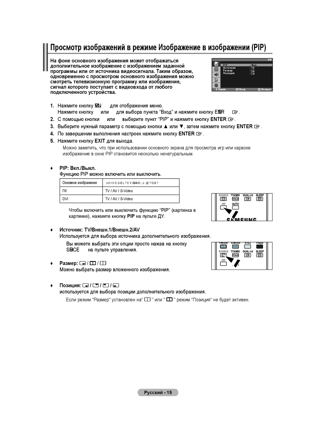 Samsung LS19PMASF/EDC, LS20PMASF/EDC, LS19PMASFT/EDC, LS20PMASFT/EDC PIP Вкл./Выкл, Источник TV/Внешн.1/Внешн.2/AV, Позиция 