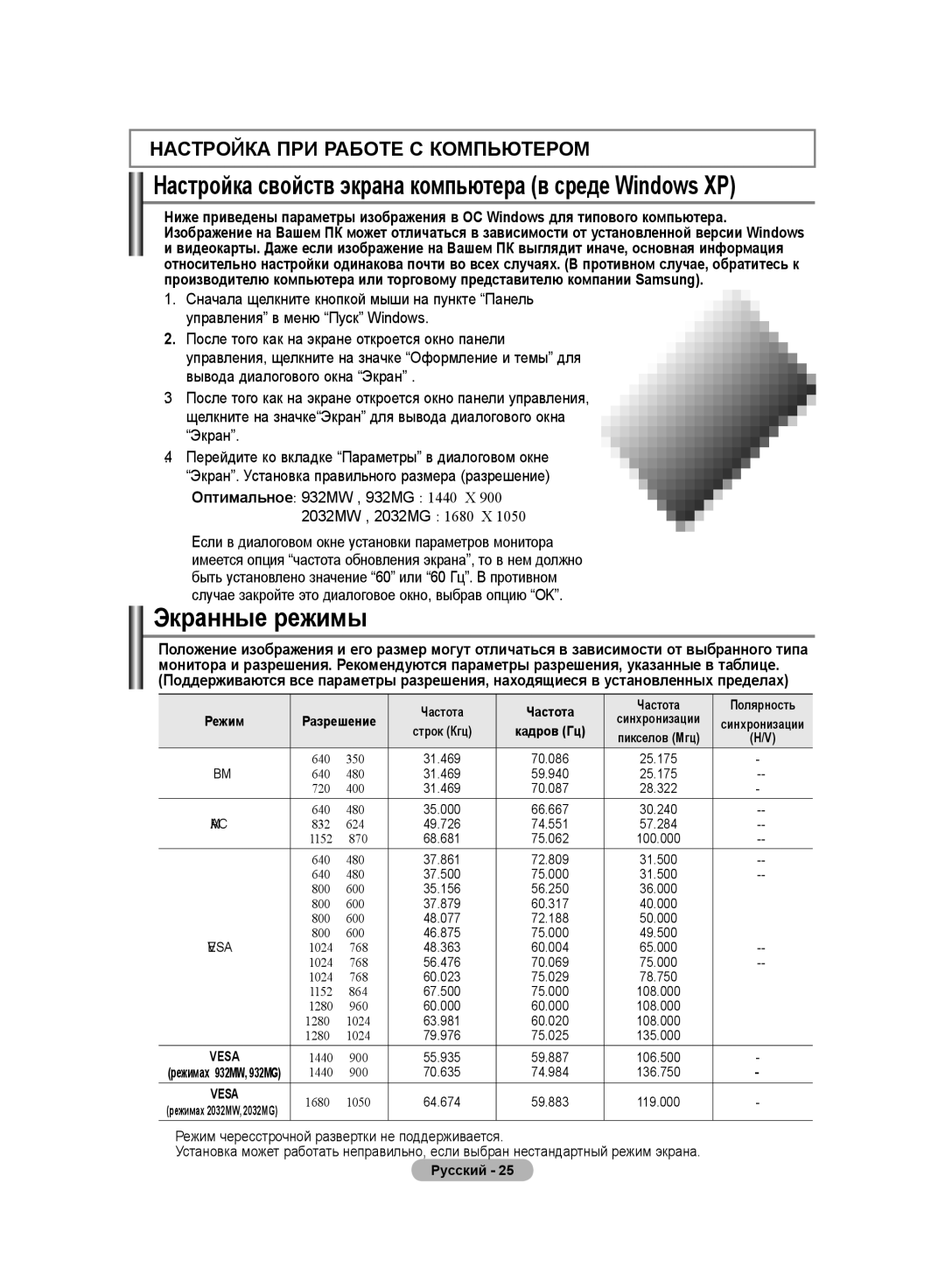 Samsung LS20PMASFT/EDC, LS20PMASF/EDC manual Экранные режимы, Настройка свойств экрана компьютера в среде Windows XP 