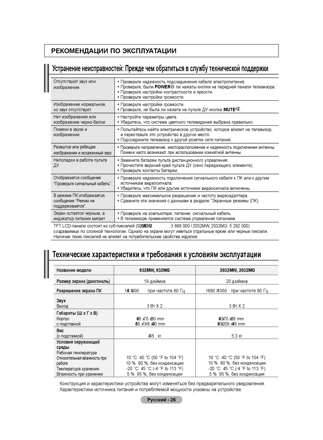 Samsung LS20PMASF/EDC Название модели 932MW, 932MG 2032MW, 2032MG, Разрешение экрана ПК, Звук, Габариты Ш x Г x В, Вес 