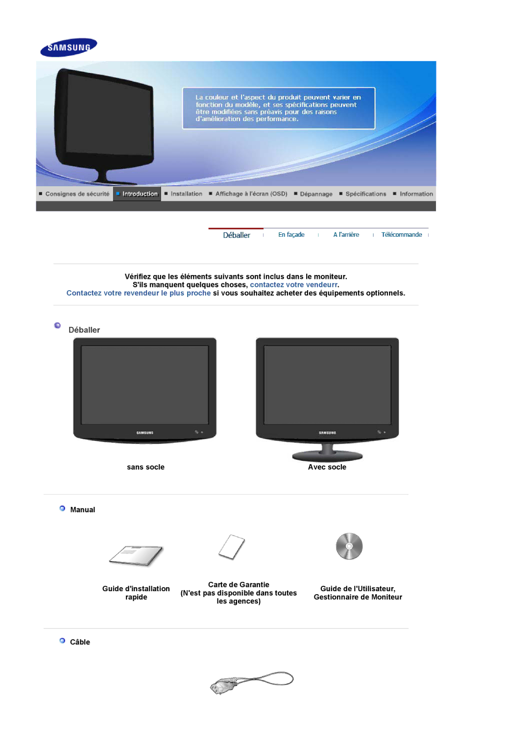 Samsung LS19PMASF/EDC, LS20PMASF/EDC manual Déballer, Sans socle, Manual, Câble 