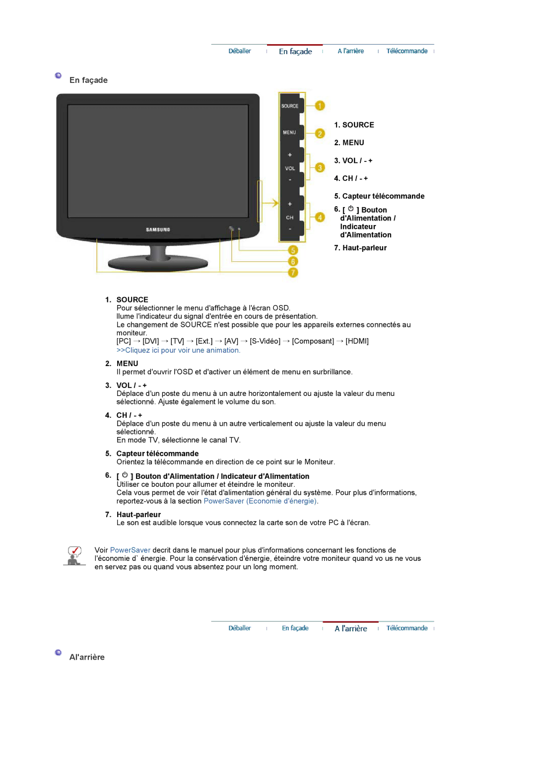 Samsung LS19PMASF/EDC, LS20PMASF/EDC manual En façade, Alarrière, Source Menu, Vol / + 