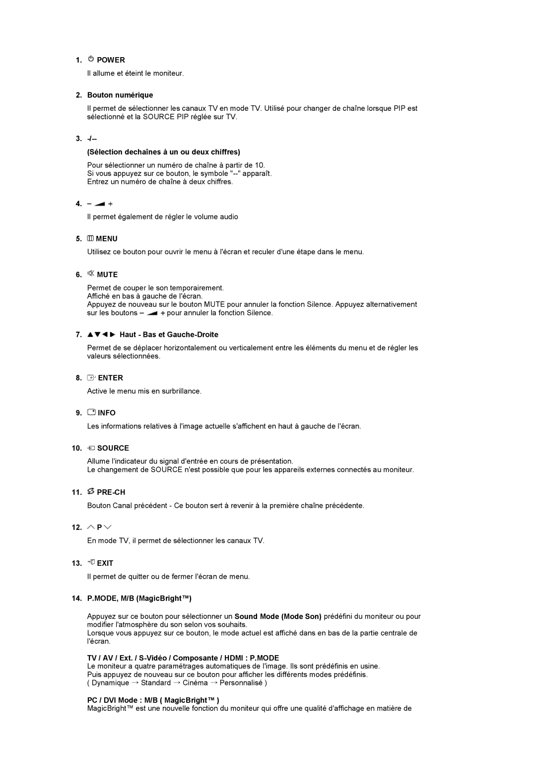 Samsung LS19PMASF/EDC manual Sélection dechaînes à un ou deux chiffres, Enter, 12. P, PC / DVI Mode M/B MagicBright 