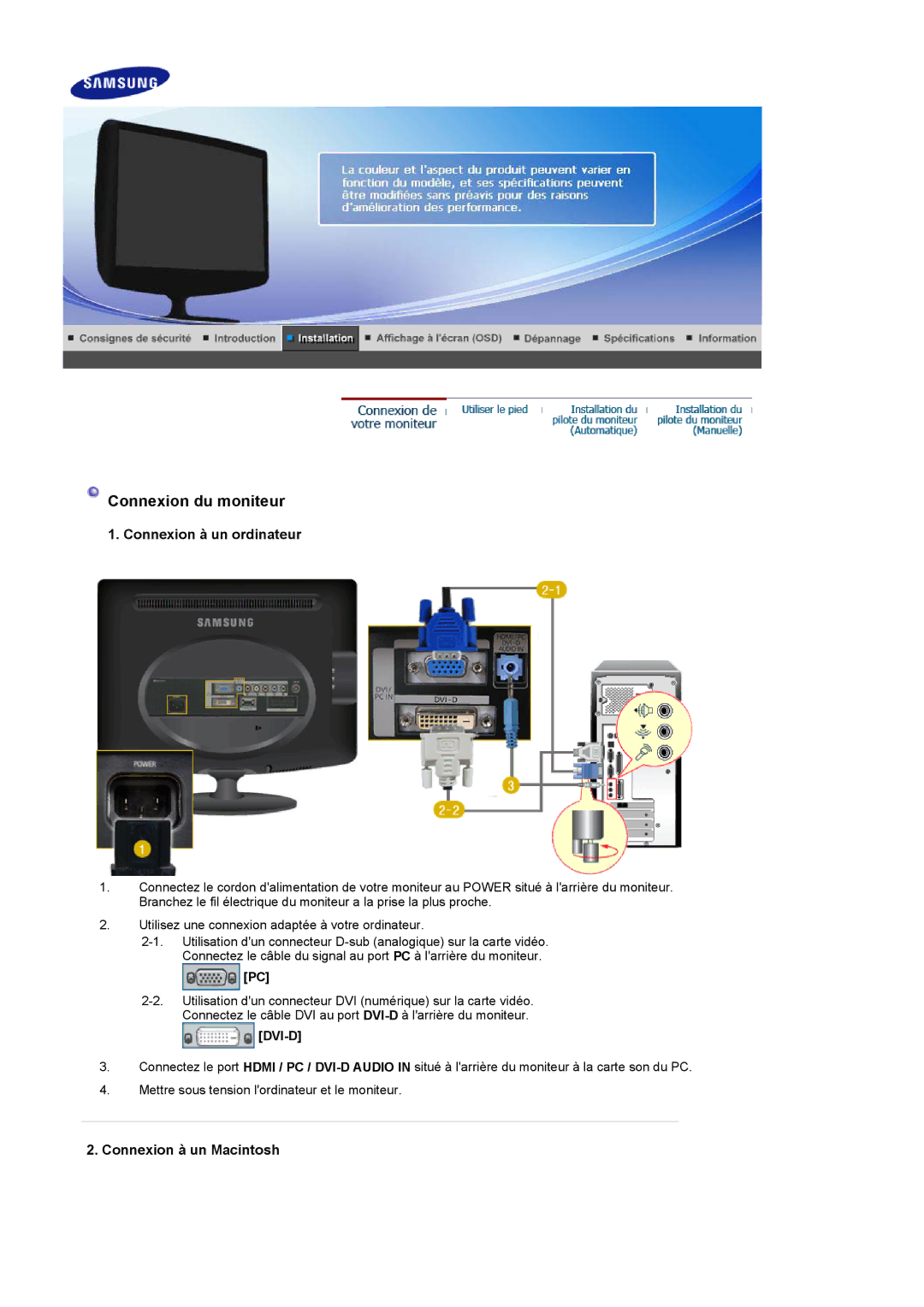 Samsung LS19PMASF/EDC, LS20PMASF/EDC manual Connexion du moniteur 