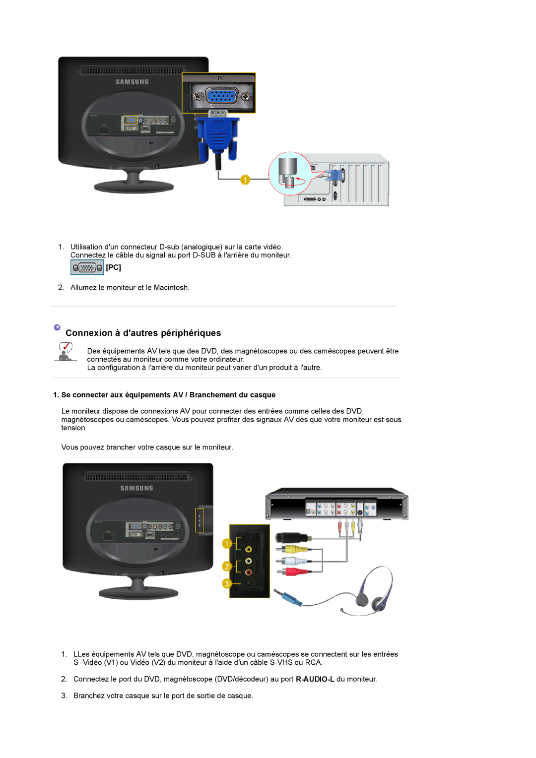 Samsung LS20PMASF/EDC manual Connexion à dautres périphériques, Se connecter aux équipements AV / Branchement du casque 