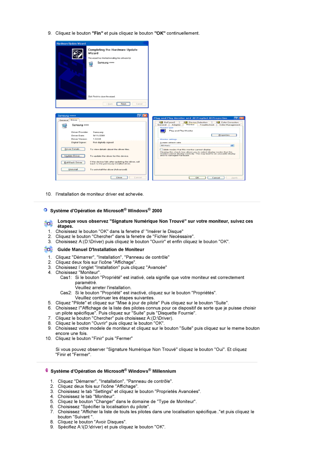 Samsung LS20PMASF/EDC manual Guide Manuel DInstallation de Moniteur, Système dOpération de Microsoft Windows Millennium 