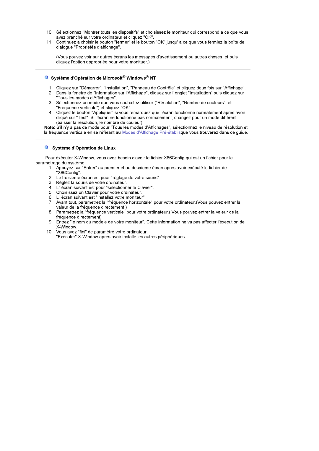 Samsung LS19PMASF/EDC, LS20PMASF/EDC manual Système dOpération de Microsoft Windows NT, Système dOpération de Linux 