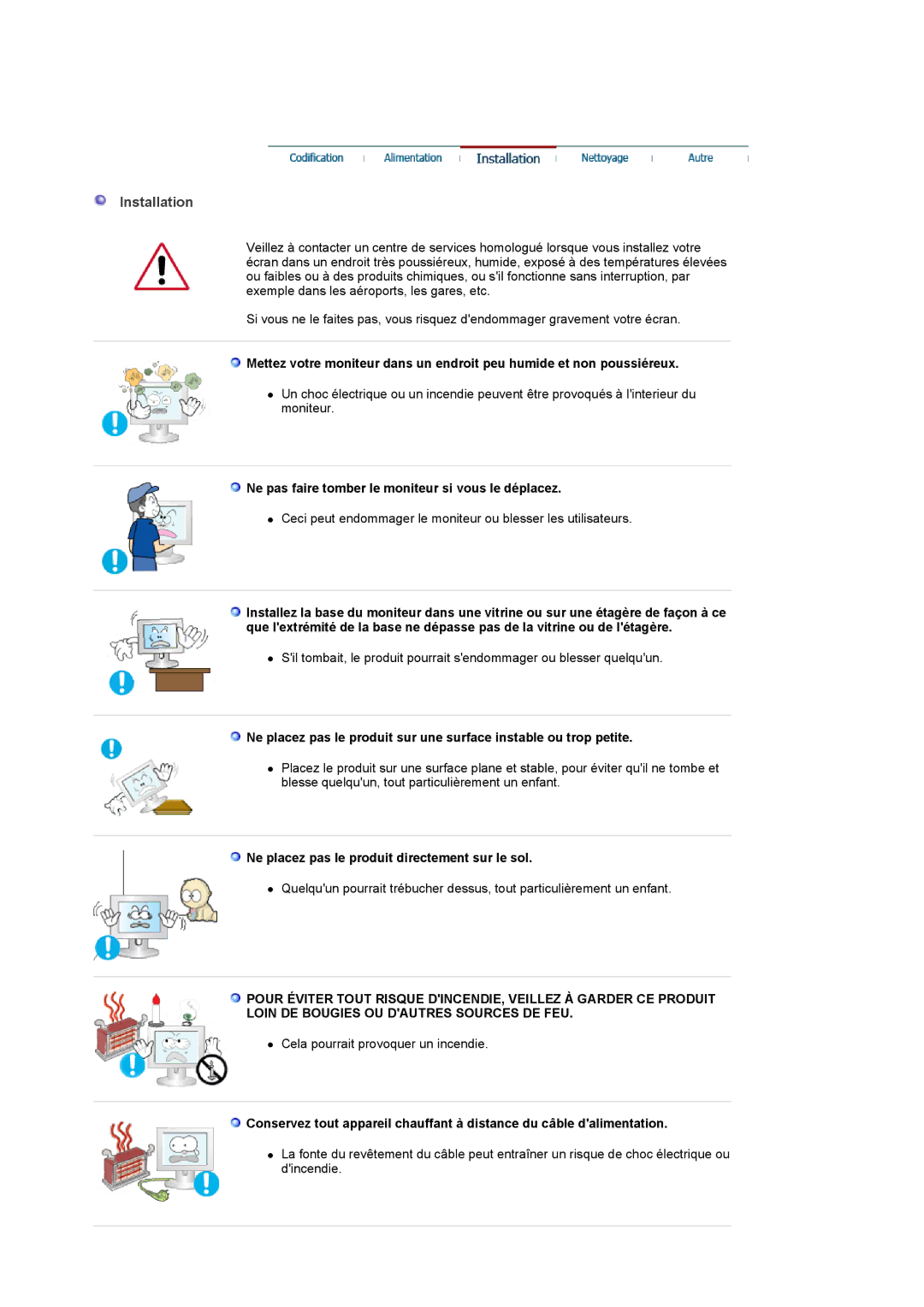 Samsung LS20PMASF/EDC, LS19PMASF/EDC manual Installation, Ne pas faire tomber le moniteur si vous le déplacez 