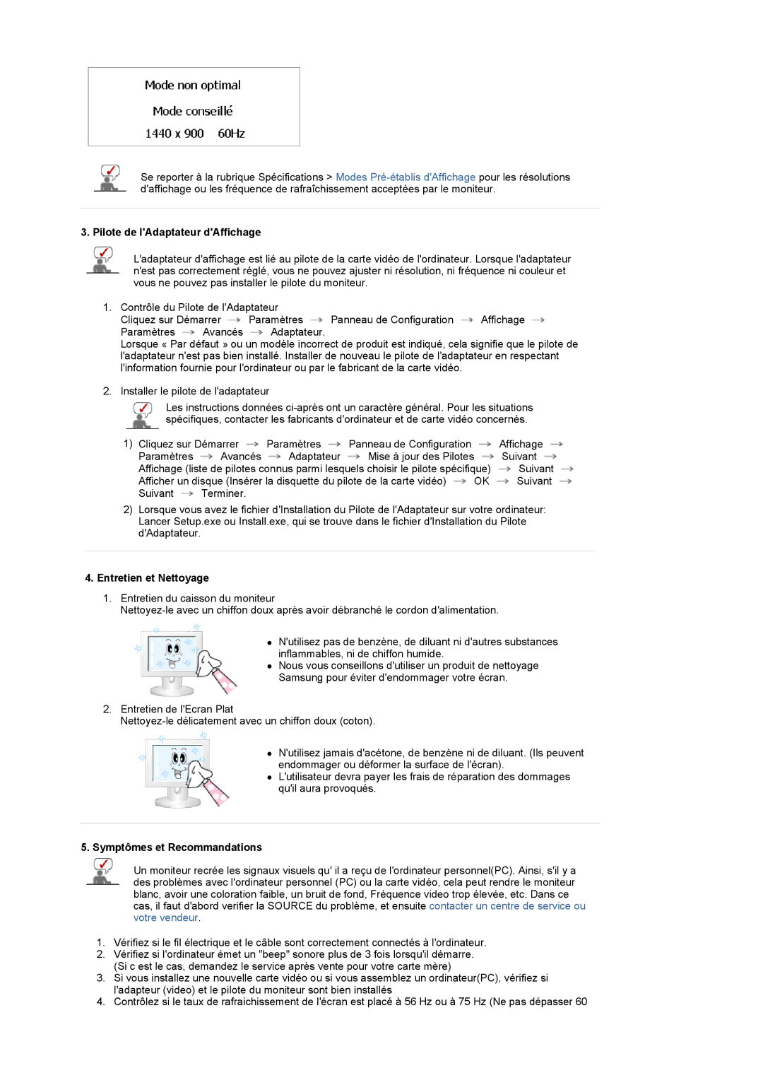 Samsung LS20PMASF/EDC manual Pilote de lAdaptateur dAffichage, Entretien et Nettoyage, Symptômes et Recommandations 