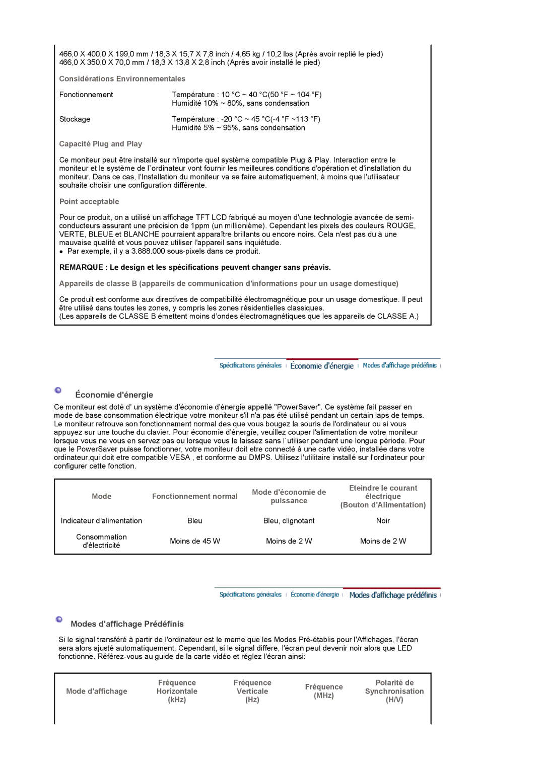 Samsung LS20PMASF/EDC, LS19PMASF/EDC manual Économie dénergie, Modes daffichage Prédéfinis 