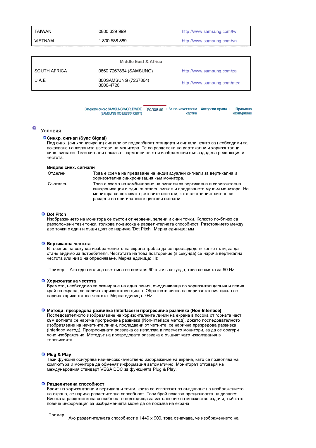 Samsung LS19PMASF/EDC manual Условия, Синхр. сигнал Sync Signal, Видове синх. сигнали, Dot Pitch, Вертикална честота 