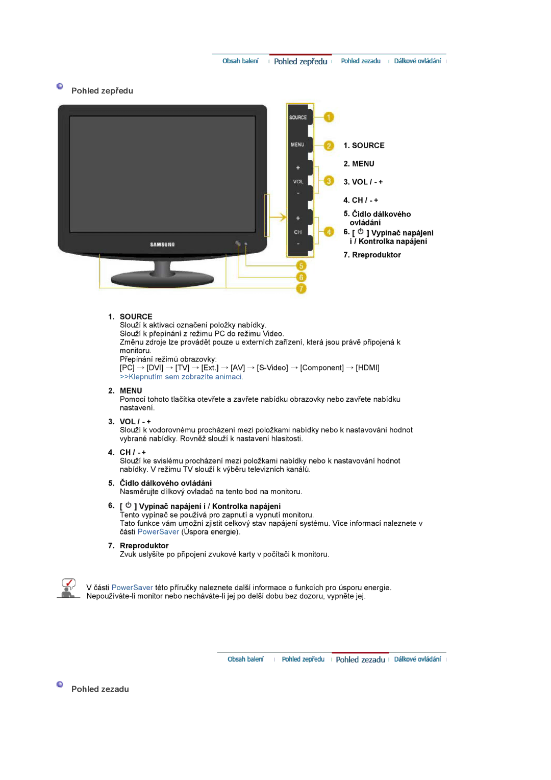 Samsung LS19PMASF/EDC, LS20PMASF/EDC manual Pohled zepředu, Pohled zezadu, Source Menu 