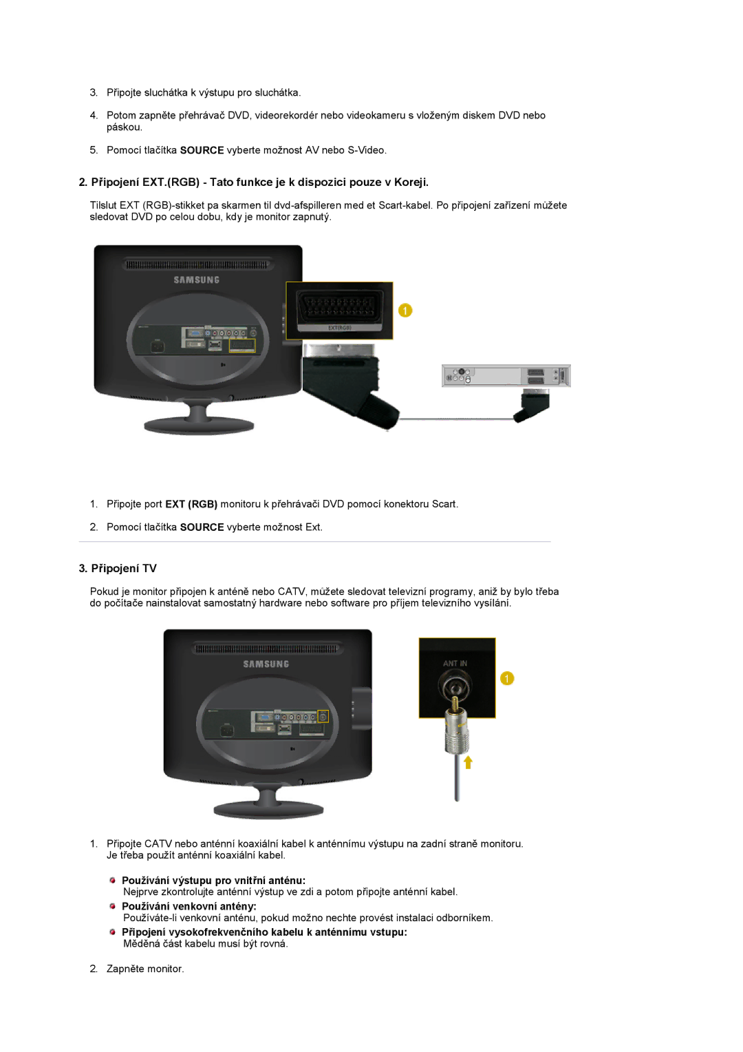 Samsung LS19PMASF/EDC, LS20PMASF/EDC manual Používání výstupu pro vnitřní anténu, Používání venkovní antény 