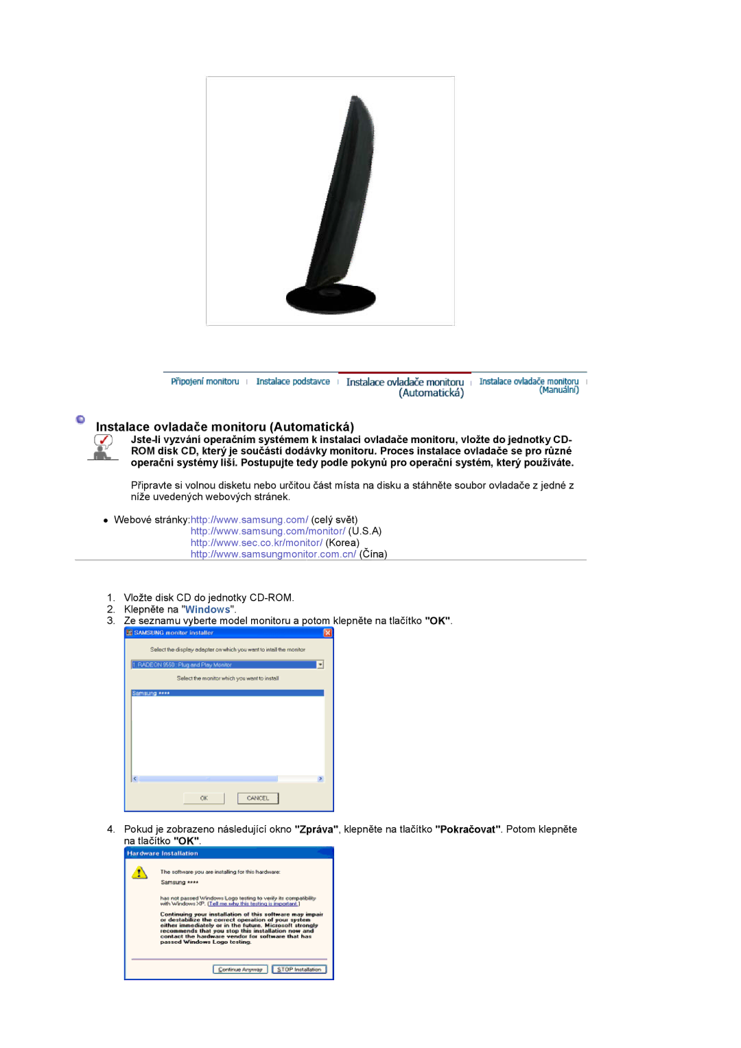 Samsung LS20PMASF/EDC, LS19PMASF/EDC manual Instalace ovladače monitoru Automatická 