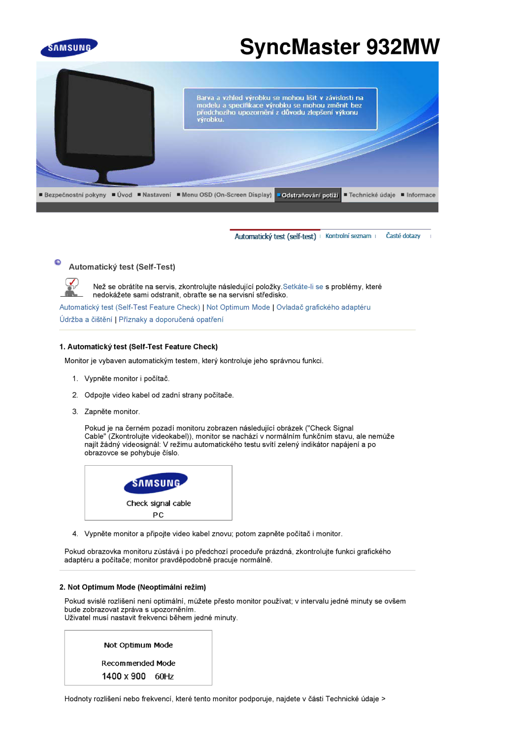 Samsung LS20PMASF/EDC, LS19PMASF/EDC manual Automatický test Self-Test Feature Check, Not Optimum Mode Neoptimální režim 