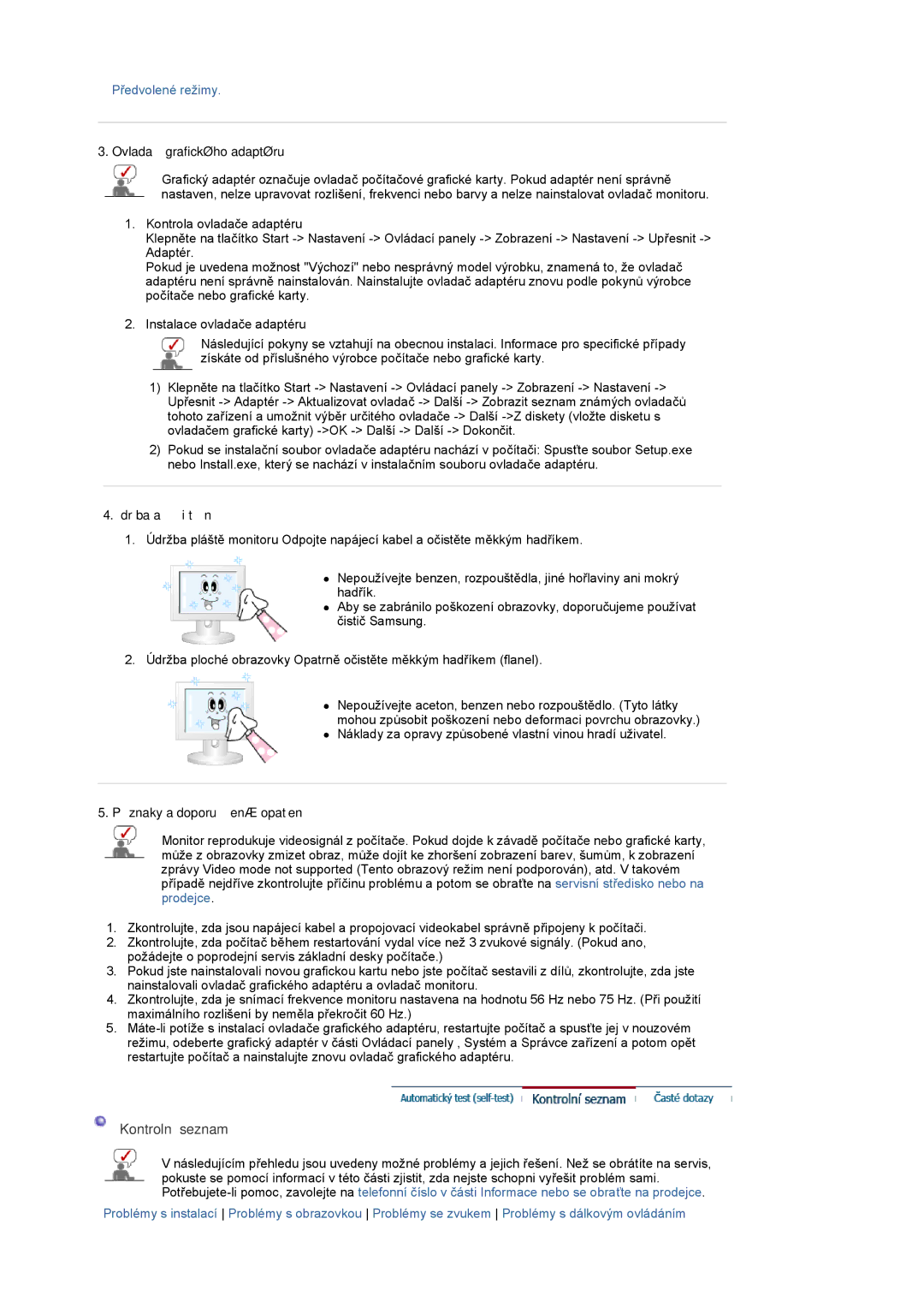 Samsung LS19PMASF/EDC Kontrolní seznam, Ovladač grafického adaptéru, Údržba a čištění, Příznaky a doporučená opatření 