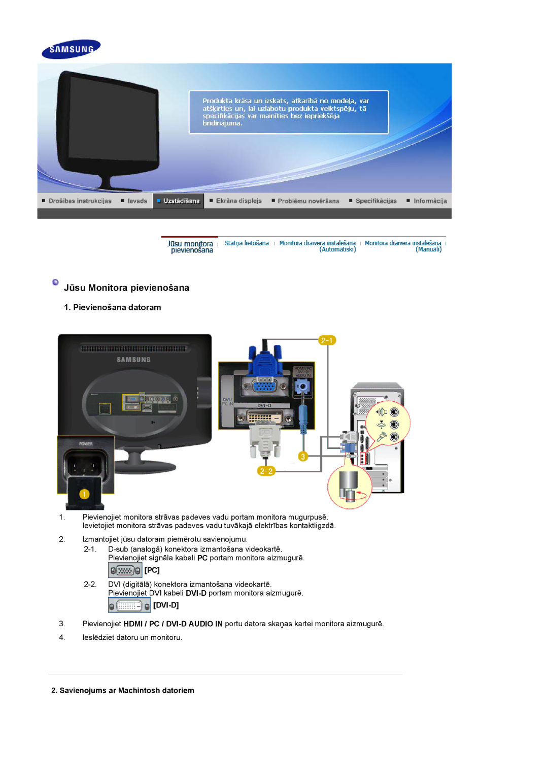 Samsung LS19PMASF/EDC, LS20PMASF/EDC manual Jūsu Monitora pievienošana, Savienojums ar Machintosh datoriem 