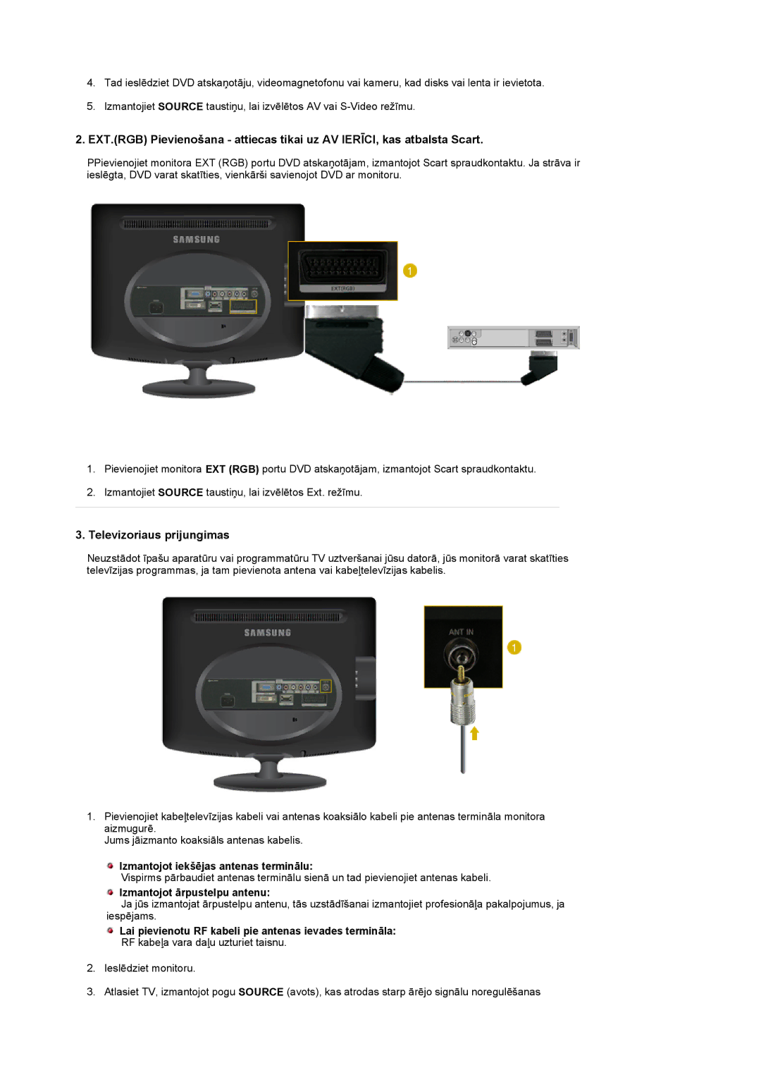 Samsung LS19PMASF/EDC, LS20PMASF/EDC manual Izmantojot iekšējas antenas terminālu, Izmantojot ārpustelpu antenu 