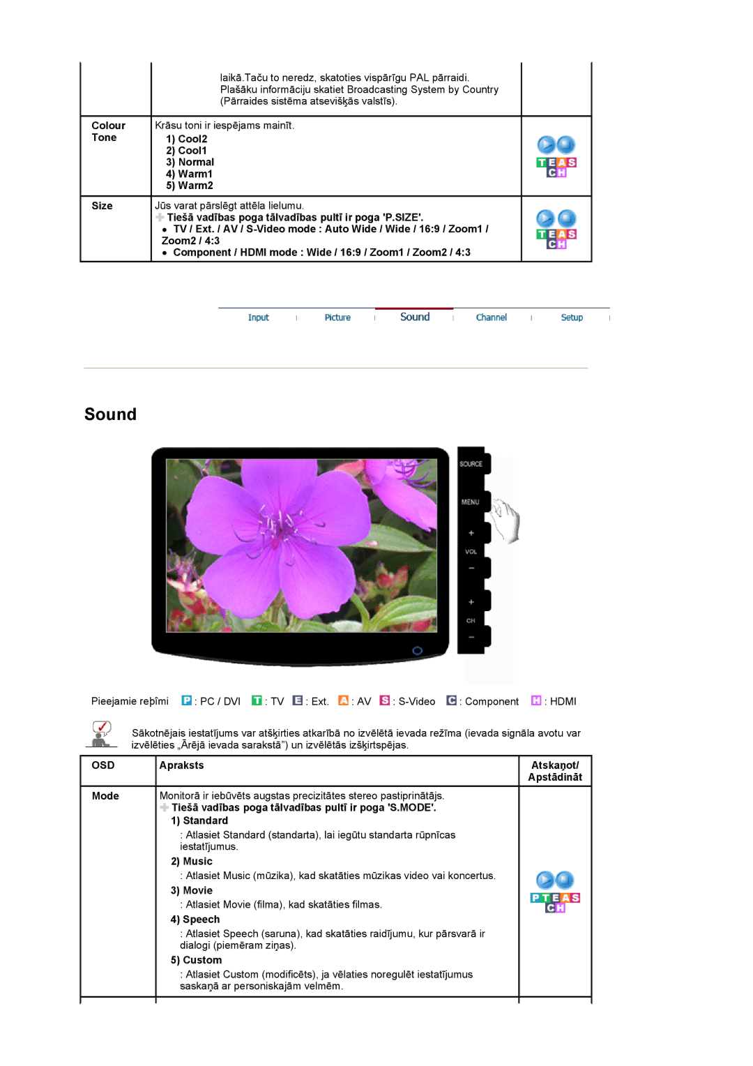 Samsung LS19PMASF/EDC, LS20PMASF/EDC manual Colour Tone Size, Cool2 Cool1 Normal Warm1 Warm2, Music, Movie, Speech 