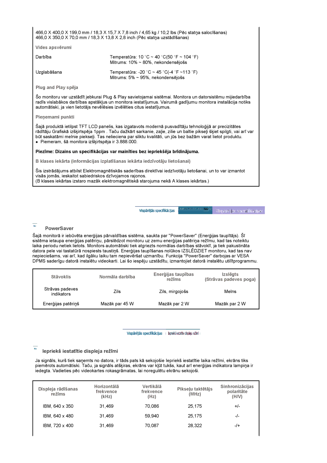 Samsung LS20PMASF/EDC, LS19PMASF/EDC manual PowerSaver, Iepriekš iestatītie displeja režīmi 