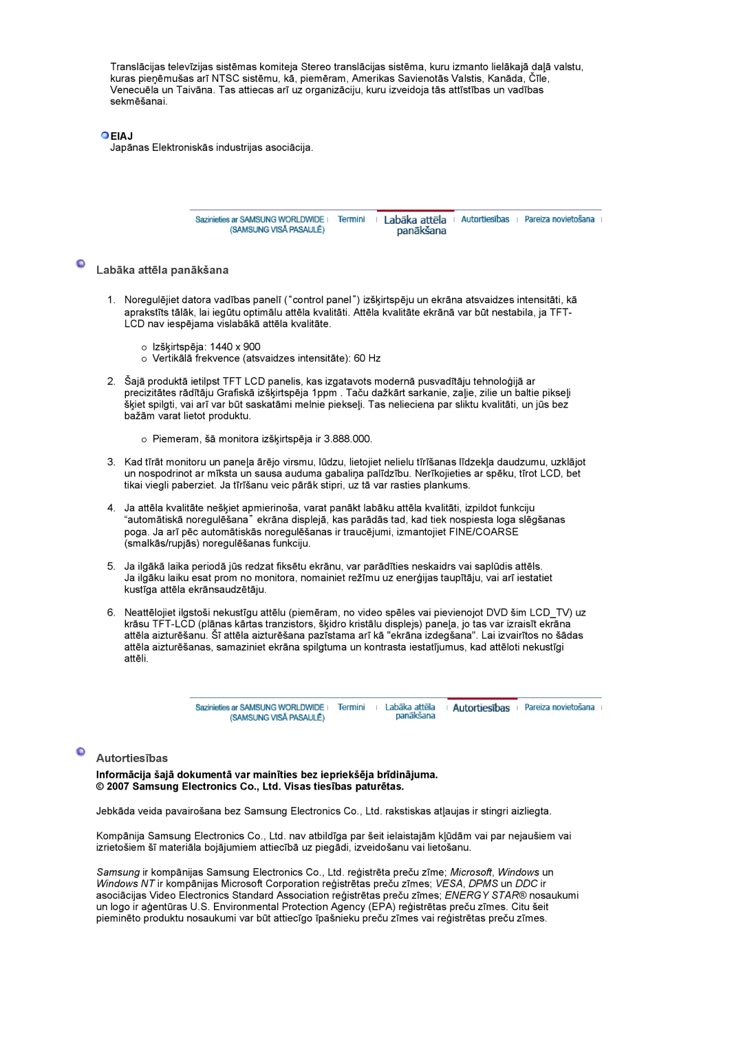 Samsung LS19PMASF/EDC, LS20PMASF/EDC manual Labāka attēla panākšana, Autortiesības, Eiaj 