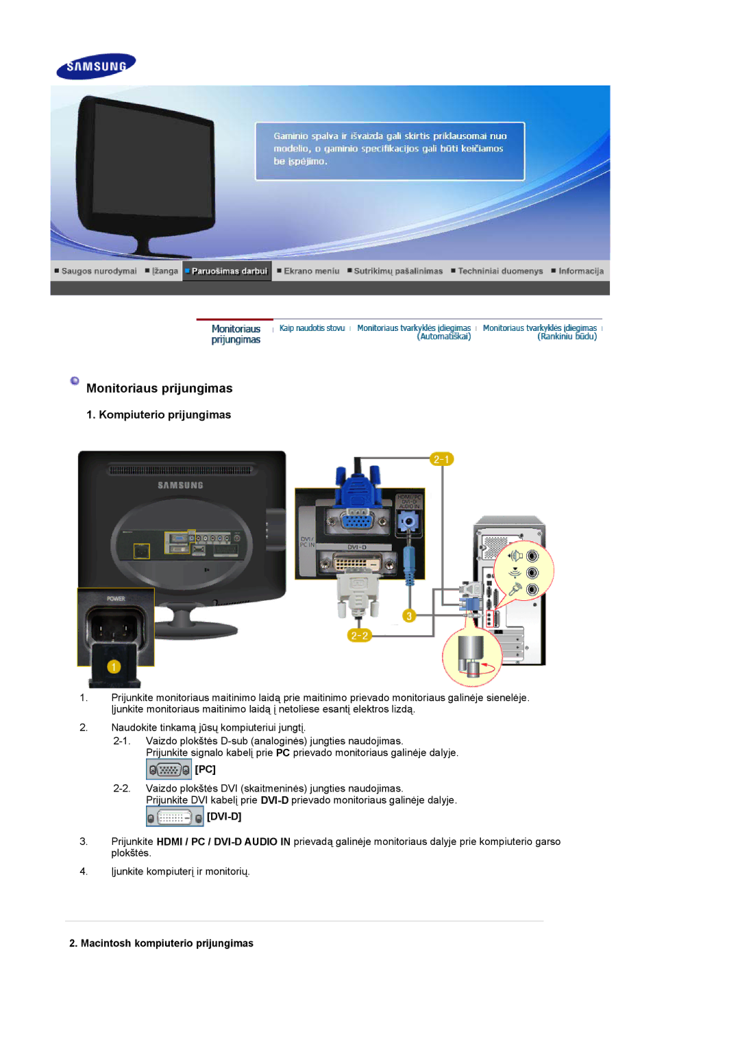 Samsung LS19PMASF/EDC, LS20PMASF/EDC manual Monitoriaus prijungimas, Macintosh kompiuterio prijungimas 